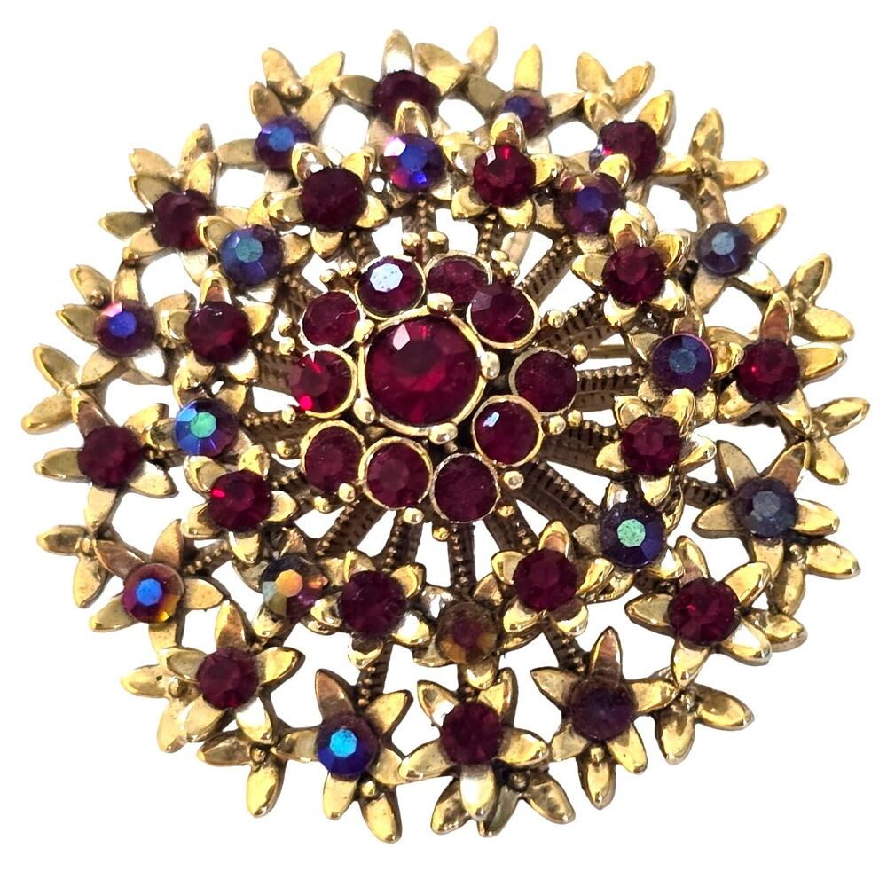 Vintage Liz Claiborne Brooch Pendant Ruby Red AB Rhinestone Gold Floral 80s 90s